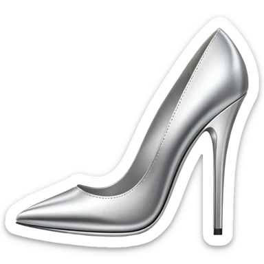 A pair of high heel shoes emoji made of polished silver chrome, elegant sharp silhouette, smooth metallic surface, glossy reflections, luxury sexy vibe, minimalistic iOS emoji style, centered, clean white background sticker