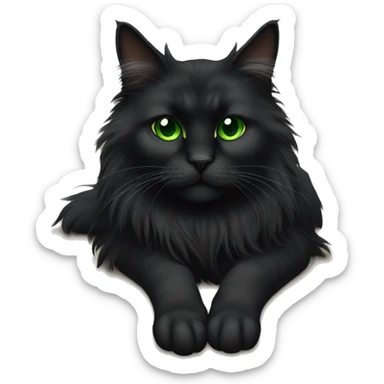 Black extra furry long haired cat fully body laying down with green eyes sticker