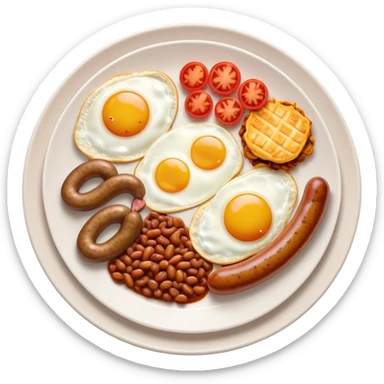 English Breakfast Cinematic Realistic English Breakfast Dish Emoji, depicted as a hearty plate featuring 2 sizzling sausages, a central serving of baked beans, 2 perfectly fried eggs, 2 sliced grilled tomatoes, 2 grilled mushrooms, and a triangle-shaped hash brown, rendered with vivid textures and warm, inviting lighting. sticker