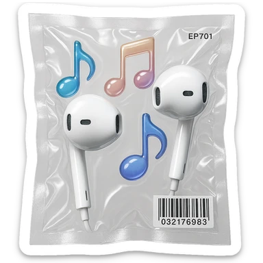 pair of white EarPods with three floating glass music notes in soft gradient colors, glossy and inflated sticker