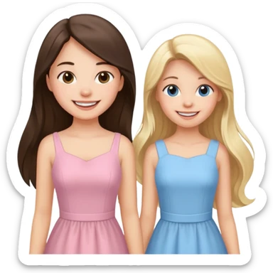 happy long hair brunette girl in light pink dress and blonde girl in light blue dress sticker