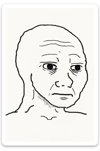 classic Wojak meme face, simple black outline, white fill, neutral expression sticker