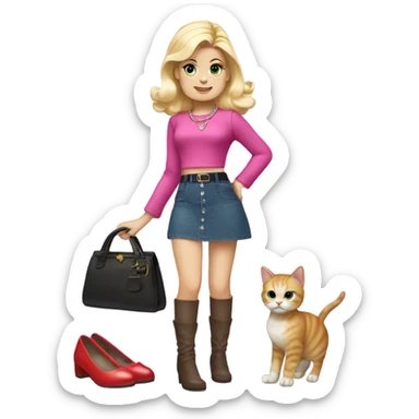 Blonde Nighty Brights Francie. Enid Sinclair. Mini-skirt, pumps, bracelet, earrings, purse , tights,go-go boots, Going out with Slippers the kitten.  sticker