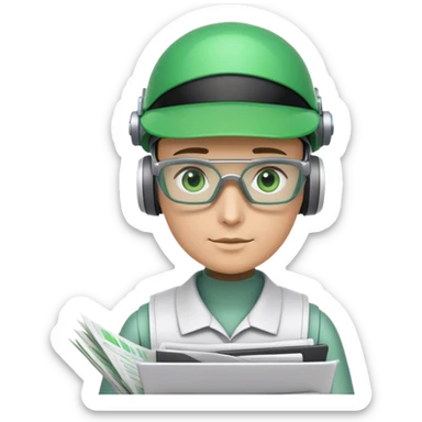 human like robot bookkeeper wearing  accountant Green eyeshade visor  and holding spreadsheets sticker