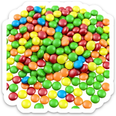 A multi-colored rainbow Skittles package next to a pile of exclusively green Skittles candies. The package shows all rainbow colors while the candies are only green. sticker