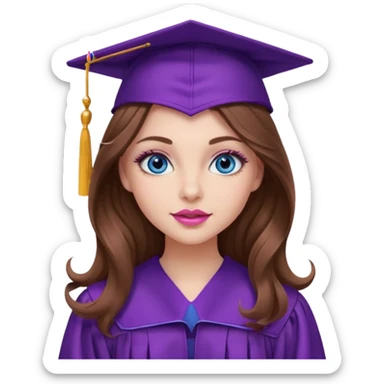 girl with wavy long brown hair, blue eyes, long lashes makeup, sexy pink lips, wearing a purple graduation cap and gown sticker
