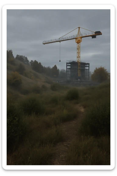 a scene amongst hills and bushes in the game DAYZ with a construction site and tall yellow crane in the background, screenshot, overcast day sticker