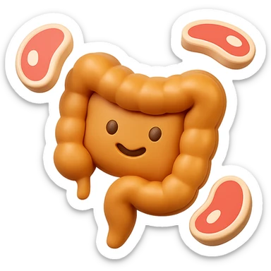 emoji stile iphone in 3d di un intestino con fette di carne che gli fluttuano intorno sticker