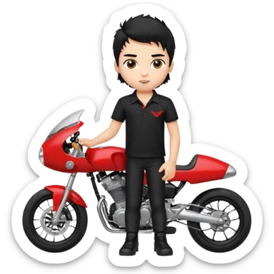 generate a pretty fair bratz boy with a messy mullet (black hair), wearing a BLACK polo.  standing witha superbike sticker