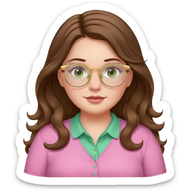 Girl girl long wavy brown hair with middle part, pale green eyes, plus size, pink shirt, gold rimmed glasses sticker
