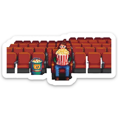 Pixel art person sitting in movie theater chair with popcorn bucket, watching big screen sticker