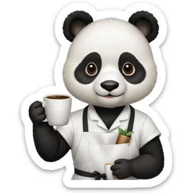 barista panda, wearing apron, holding coffee sticker