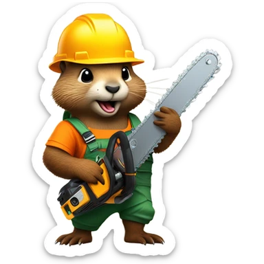 Woodchuck in climbing gear and hard hat holding a chainsaw  sticker