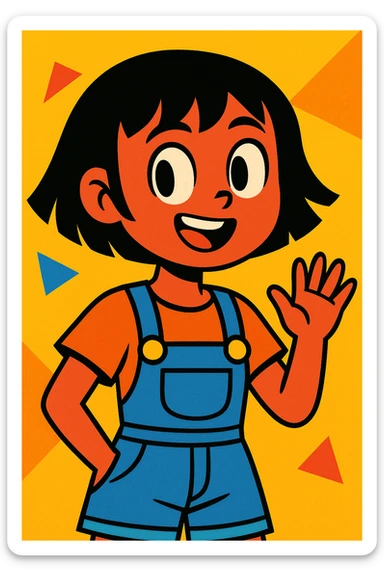 girl with short black hair, vibrant cartoon style sticker