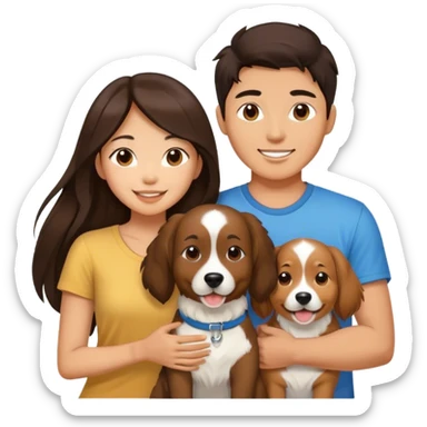 Long hair brunette asian girl and brunette Asian male couple happy. Only 2 people and a dog   sticker