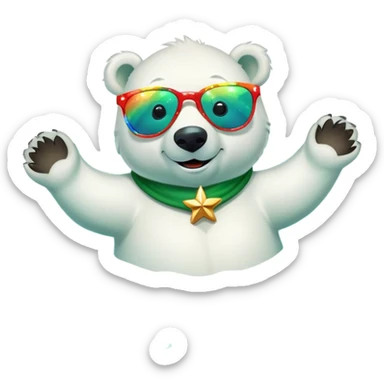 friendly anthropomorphised polar bear smiling, wearing large multicolored star-shaped glasses and festive St. Patrick's Day outfit, floating on back in water sticker