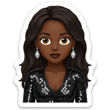 Cindy Herron from En Vogue with long dark brown hair, black sequin outfit sticker