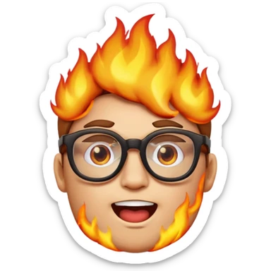 fiery nerd emoji with fire, thick glasses, burning, geeky expression sticker