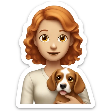 red-haired girl holding a beige spaniel dog with big ears sticker