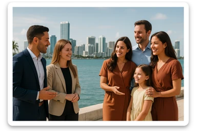 Foto hiper realista que refleje a nuestro cliente ideal de real estate: Profesionales y familias en transición Que desean mudarse a Miami o adquirir una segunda residencia, guiados por un equipo que habla su idioma —literal y figurativamente. sticker