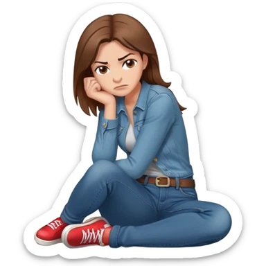 angry woman with brown hair sitting in profile on a floor hugging her knees in jeans avoiding conversation  sticker
