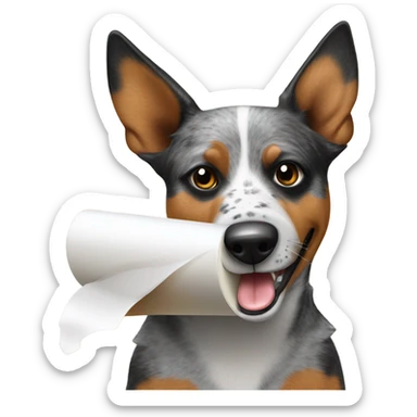 Australian cattle dog holding a toilet paper roll in mouth sticker