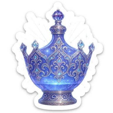 išskirtinai prabangus eliksyro buteliukas, karūnos forma, spalva #7986cb, itin sudėtingi daugiasluoksniai holografiniai ir sidabriniai ornamentai, spindintys kristalo briaunos, magiški švytėjimai ir žėrėjimas, šviesos spinduliai, labai mažas kaklelis, ornamentuotas vientisas dugnas, skaidrus fonas, buteliukas aiškiai plūduriuoja ore, be pagrindo ar šešėlio, nestovi, modernus, kolekcijai tinkamas, stulbinamai gražus sticker