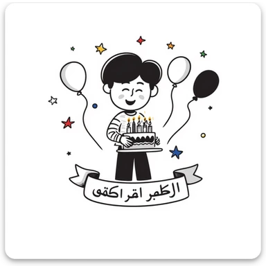 A very colorful, vibrant illustration of a happy little boy celebrating with a birthday cake with lit candles, colorful balloons and decorations. Include large, clear Persian text at the bottom that says: "امیدرضا جان تولدت مبارک" sticker