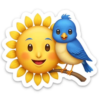 cheerful and simple sun and bird together, emoji style, no text sticker