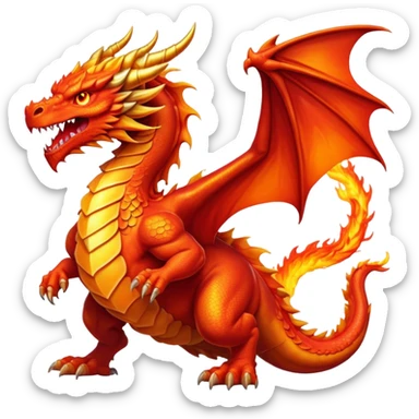 cinematic-noble-fierce-fire-dragon-full body-emoji,-poised-and-imposing,-with-a-muscular,-scaled-body-ablaze-in-fiery-hues-of-crimson,-molten-orange,-and-molten-gold,-and-intense,-burning-eyes-that-mirror-the-heart-of-a-volcano;-rendered in detail, displaying hi sticker