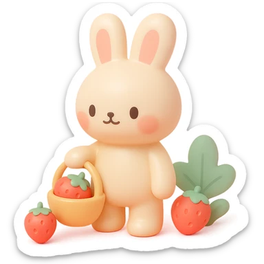 bunny picking strawberries in the woods, sweet pastel red, vinyl figure style sticker