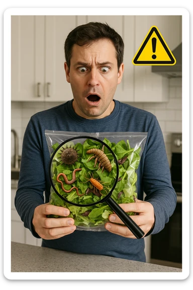 a man holds a bag of salad with both hands, his face frozen in shock as he looks at the contents. Inside the bag, exaggerated but realistic depictions of parasites and bacteria are visible, some highlighted with a magnifying glass overlay. The background is a clean kitchen, and a warning sign appears in the corner to reinforce the message about food safety. sticker
