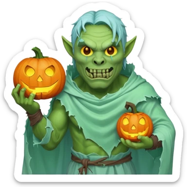 male orc ghost emoji, green skin, tusks, wearing torn white ghost sheet costume, holding glowing jack-o'-lantern, faint blue aura, friendly but spooky expression, Halloween fantasy theme, Apple emoji style, clean white background, square sticker