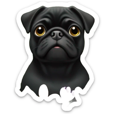 Black pug , surrounded by flowers, holding a green sign that says “good luck”  sticker