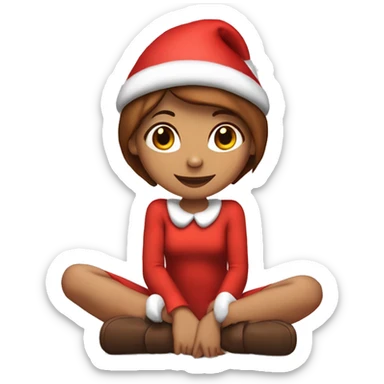 Girl with brown short hair in red elf hat in a sitting knees up holding her knees while wearing a red bodysuit ￼ sticker