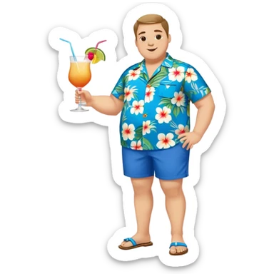 chubby guy full figure in a flowered azure havai shirt, brown shorts and flippers holding a cocktail sticker