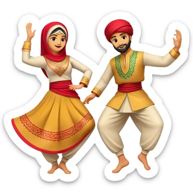 Cinematic Realistic Dabke Dance Emoji, depicted as an energetic traditional Lebanese folk dance with vibrant costumes and rhythmic movements, rendered with dynamic textures and festive natural lighting that captures its communal joy. sticker