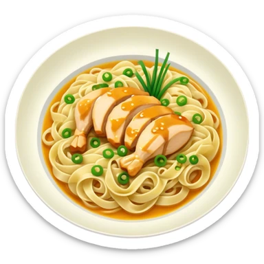 A plate of noodles with yellow sauce and chicken at the top sticker