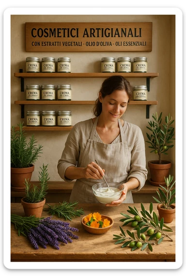 A realistic, high-quality photo of a small artisan skincare laboratory in Italy, with wooden shelves displaying beautifully packaged glass jars of natural creams made with herbal and botanical extracts, olive oil, and essential oils, clearly labeled ‘100% Natural’ and ‘Artisan Made in Italy’. The scene includes a bright, sunlit rustic workspace with plants, fresh lavender, rosemary, calendula flowers, and olive branches on the wooden counter, symbolizing purity and nature. A female artisan in a linen apron is carefully mixing creams in a glass bowl, smiling softly. The environment feels warm, authentic, and eco-friendly, emphasizing the concept of handcrafted skincare without synthetic chemicals in italiano sticker