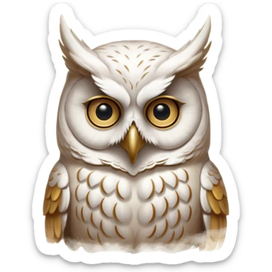 portrait of an ancient owl spirit known as “The White Owl of Oaths.”
Pale owl face emerging from mist and shadow.
No visible pupils, eyes glow softly gold or appear as deep void. 
Bone-white, warm gold, and soft shadow tones.
Centered, icon-style framing, limited palette sticker