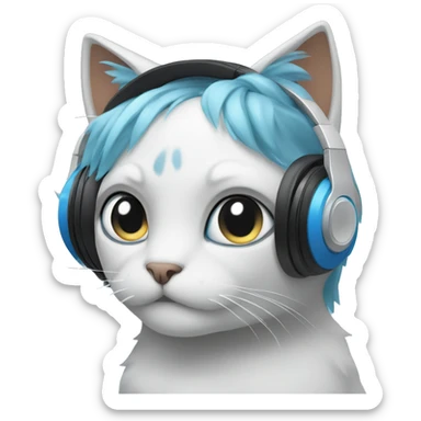 cat with blue, long pigtailed hair with a speaker headset sticker
