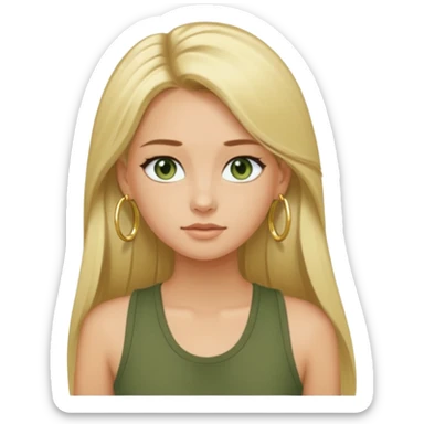 Blonde girl with fair skin but has a tan bluey green eyes long straight hair gold hoop earrings and a army green tank top sticker