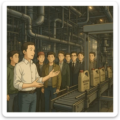 “Create a realistic industrial scene inside a modern motor-oil factory. The image must be in Instagram post size: 1080×1080 pixels, 1:1 ratio.

In the foreground, the factory director is introducing the facility. He is slightly slim, short hair, wearing a clean white men’s shirt and blue jeans, elegant appearance, using hand gestures while explaining.

In front of him, 10–12 male visitors listen attentively; they wear mixed clothing: some streetwear, some casual, some classic suits.

Background shows real production equipment, pipelines, steel structures, and conveyor lines used in motor-oil manufacturing. Use ONLY original Winiron canister design, no other brands. No label changes.

Cinematic lighting, premium look, realistic industrial atmosphere, sharp details, high-quality composition.” sticker
