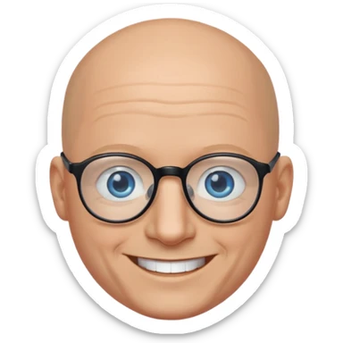 bald man with blue eyes and black eye glasses laughing sticker