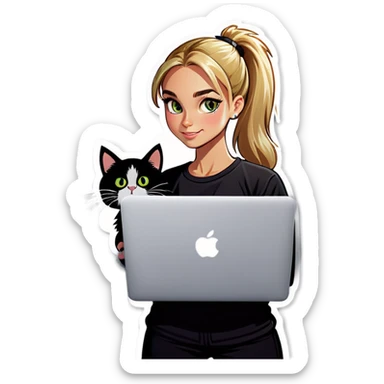 Blonde girl ponytail macBook and a cat sticker