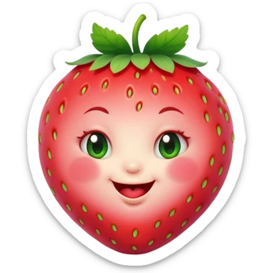 Cinematic plump happy strawberry, glossy bright red, tiny round eyes and blushing cheeks, green leafy top slightly tilted, cheerful and charming. sticker
