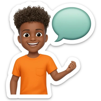 black boy curly hair orange shirt talking talk bubble sticker