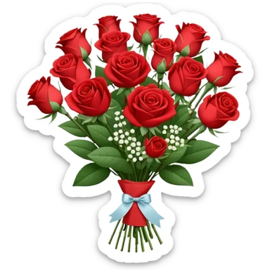 A paper-wrapped bouquet of fresh roses and baby’s breath sticker