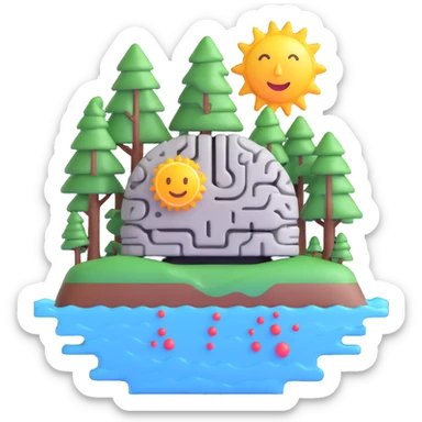 emoji combining natural resources like trees water sun and artificial intelligence robot circuit brain in a harmonious design sticker