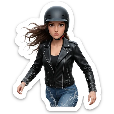 Brunette biker girl splashing through rain sticker